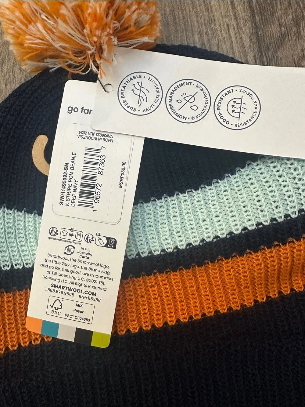 Smartwool 55% Merino Wool Stripe Pom Beanie Kids Hat Deep Navy